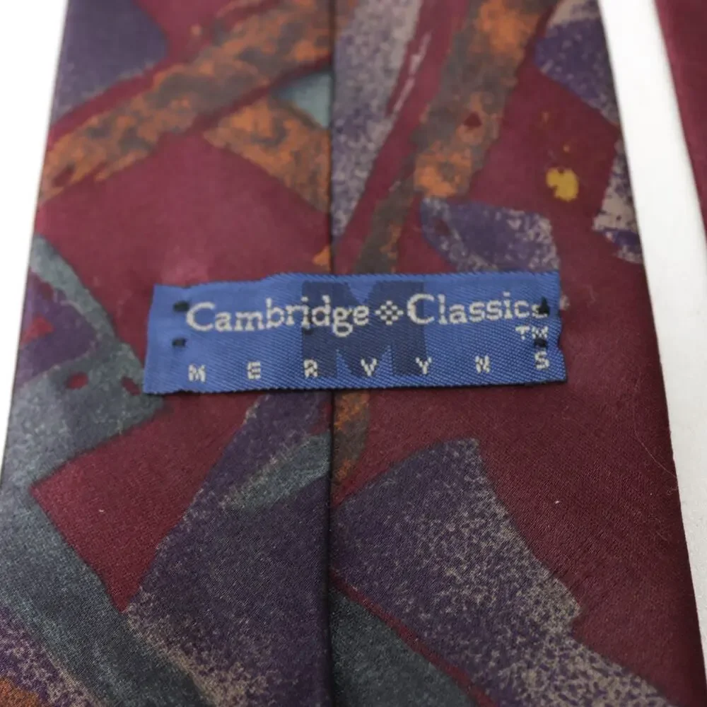 Vtg Cambridge Classics Mervyns Tie Mens 57 in Burgundy Silk Abstract Wide